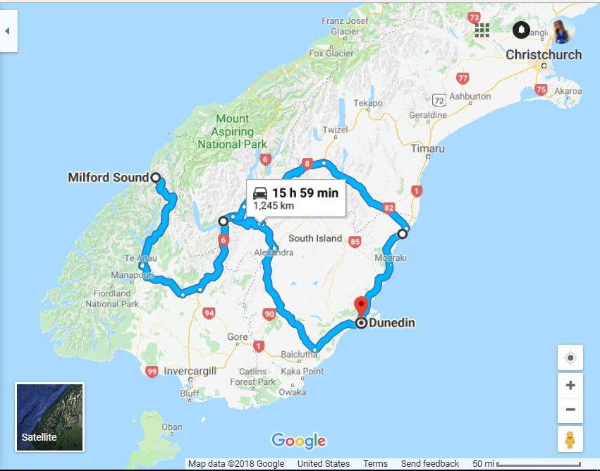 Map of a travel itinerary around Otago and Southland in New Zealand