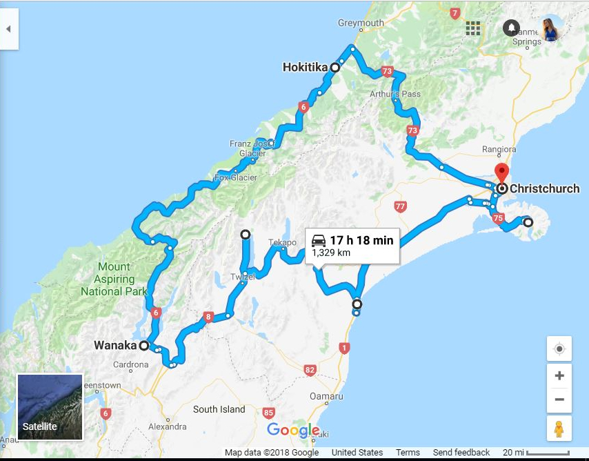 Map of travel itinerary of Centerbury and West Coast of South Island, New Zealand