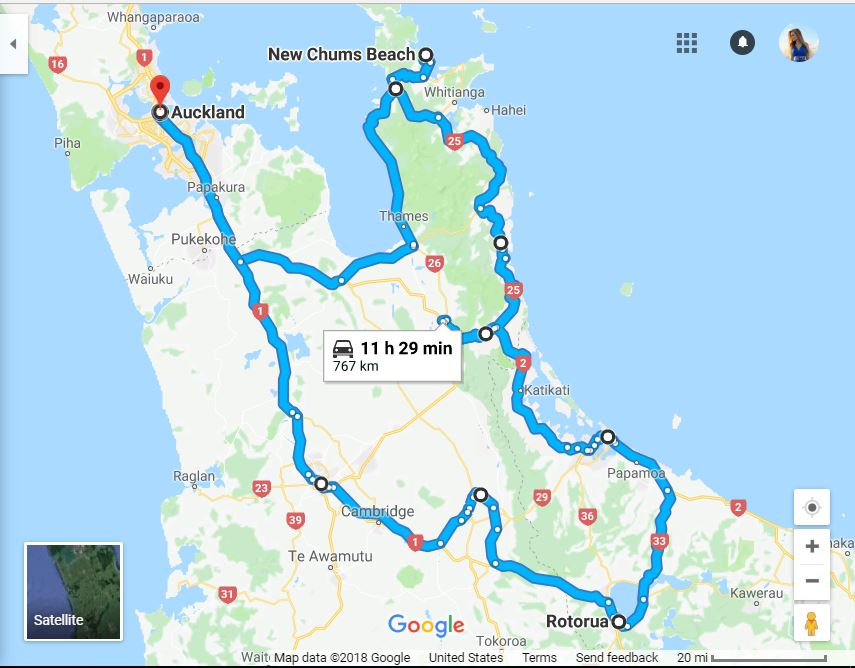 Map of a travel itinerary around the Waikato in New Zealand