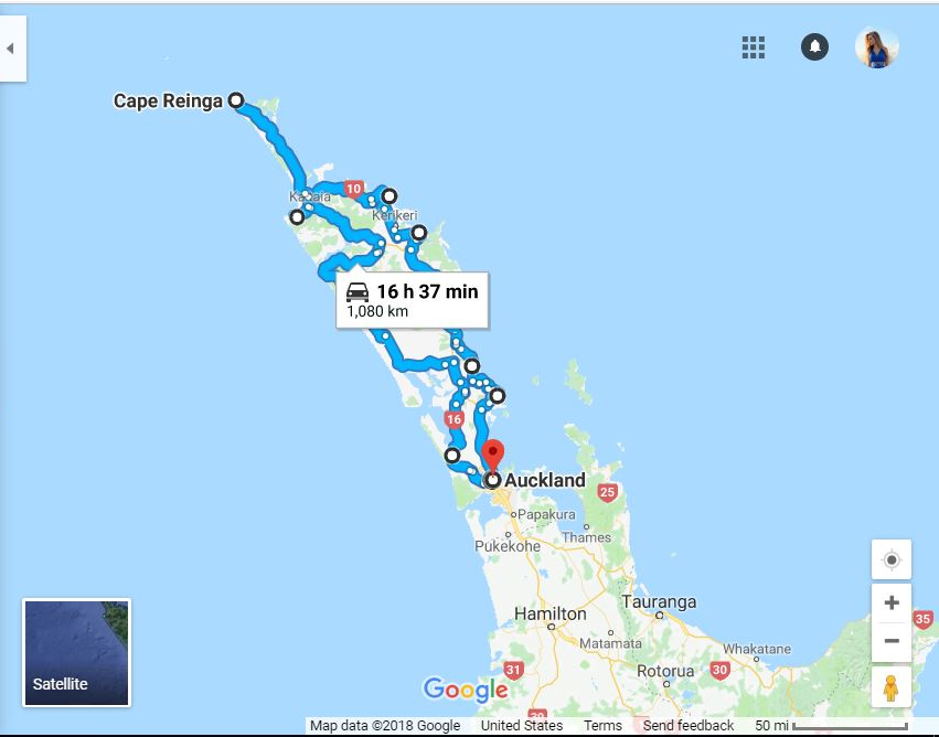 Map of a travel itinerary around Northland, New Zealand