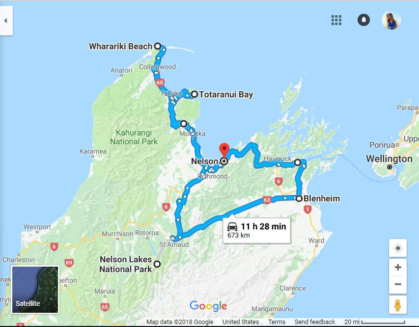 Map of a travel itinerary around the Northern part of South Island, New Zealand