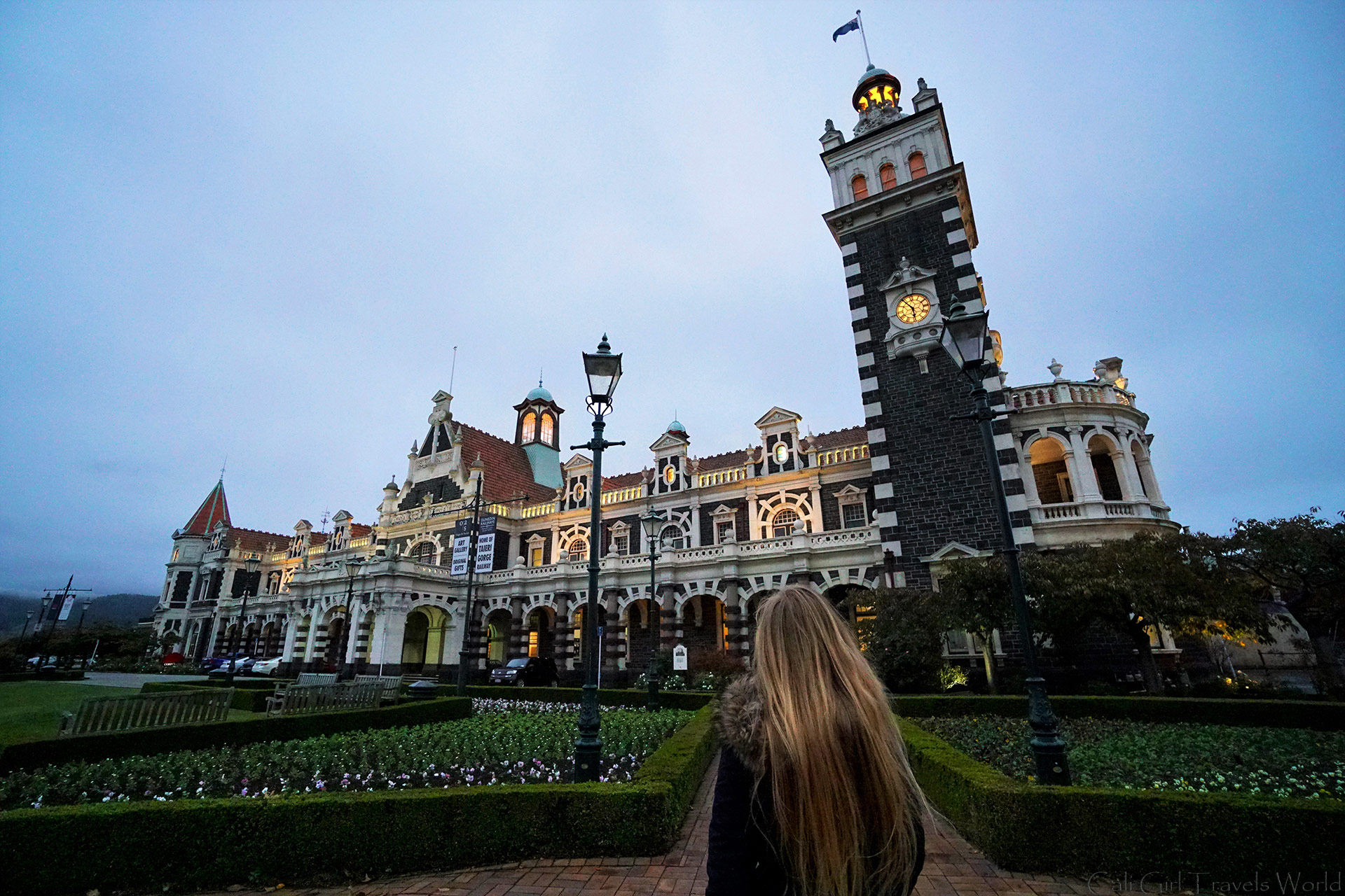 Walking up to the Dunedin train station at dusk, looking forward to seeing the beautiful interior in South Island, NZ.